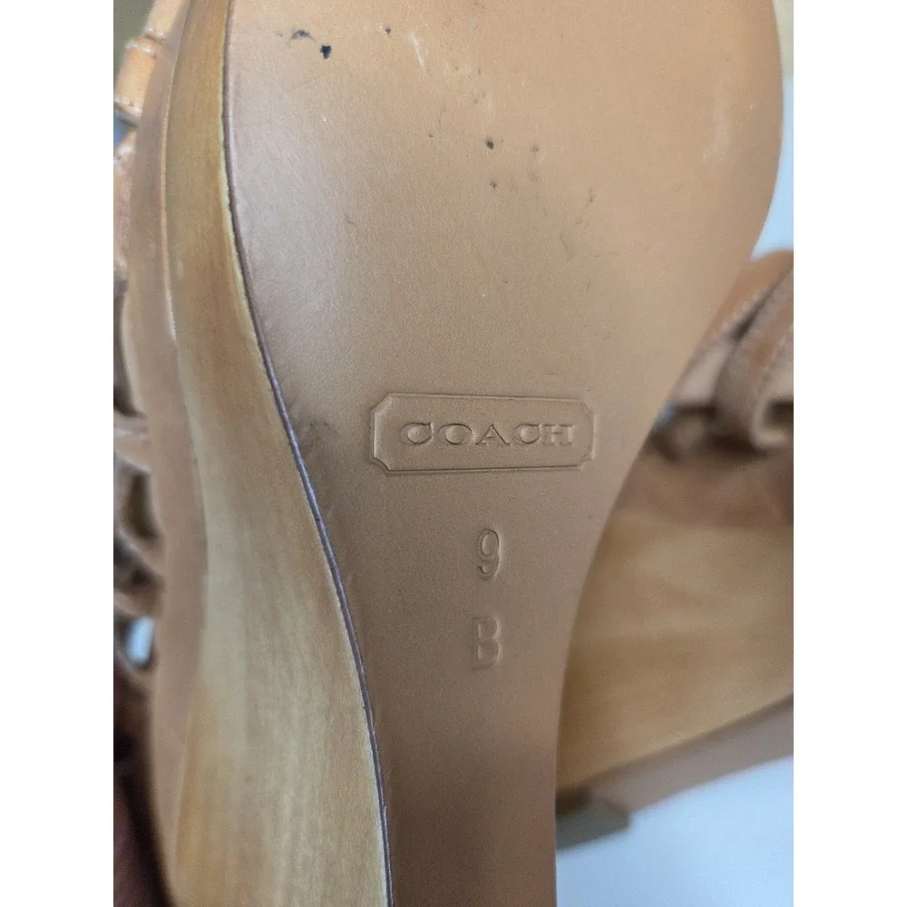 Coach Tan Camel Strappy Brown Platform Wedges‎ Sandals Shoes 9 B Gold Wood Wedge